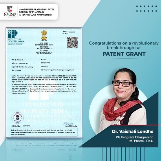 Dr Vaishali Londhe of NMIMS SPPSPTM wins patent for breakthrough invention